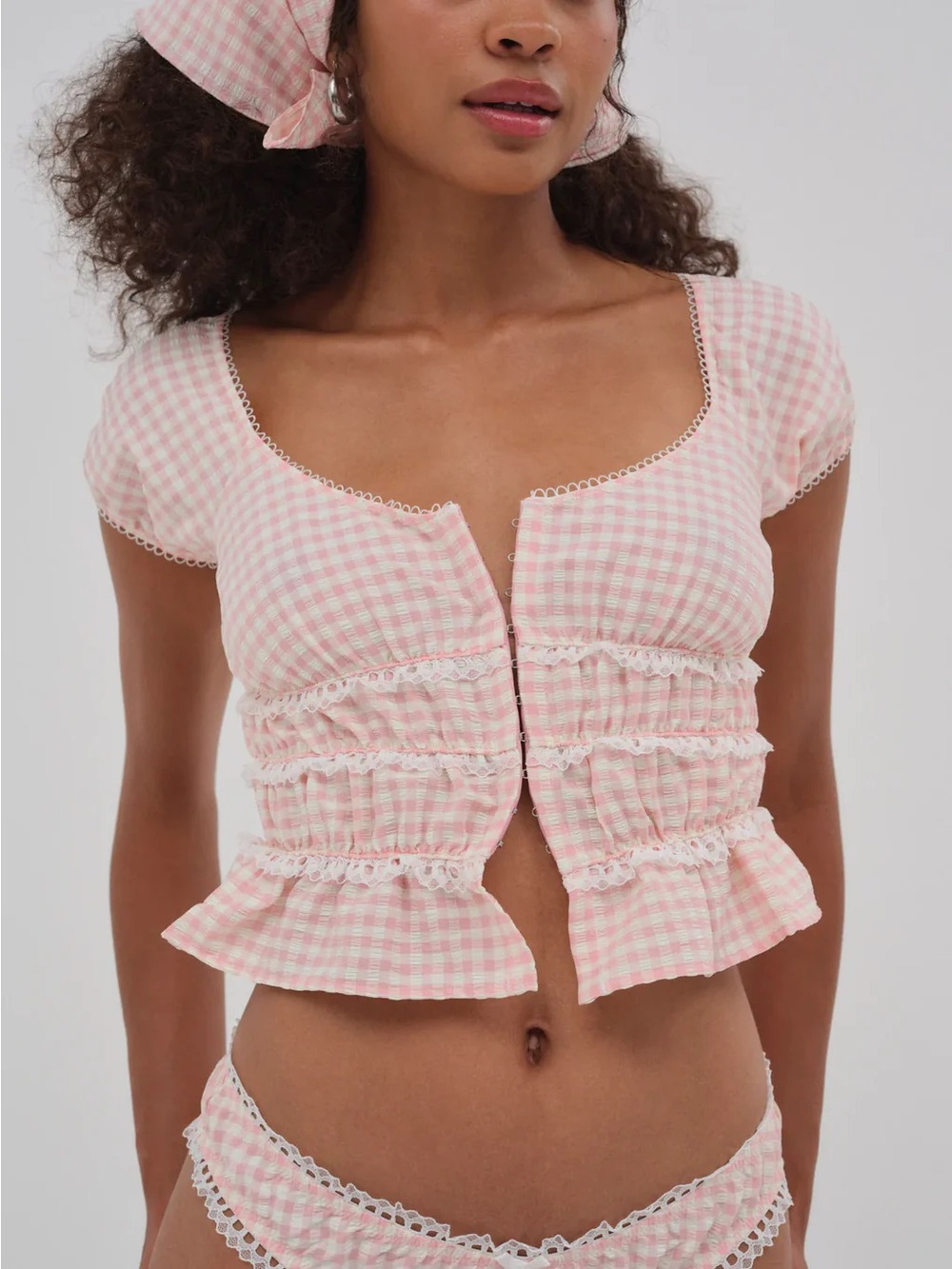 For Love and Lemons Pink Gingham Corset Smocked Ruffle Crop Top